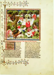 Jäger, die vor der Hirschjagd schmausen, aus Livre de la Chasse von Gaston Phebus de Foix (1331-1391)