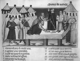 Ms Fr 782 f.16 Einen Ritter rüsten, aus dem Roman de Troie, 13.-14. Jahrhundert