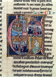 Ms Fr 9081 fol.206 Historisierte Initiale C, die Konrad III. (1137-52), Kaiser von Deutschland, und Ludwig VII. (1120-80), König von Frankreich, zeigt, die 1148 Damaskus belagern, aus Histoire de Jerusalem von William
