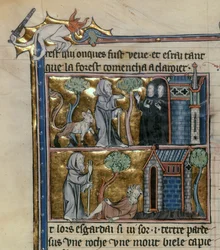 Ms Fr 95 f.4v Einsiedler und Tier, aus der Geschichte des Heiligen Grals, ca. 1280-90