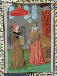Ms H 7 fol.164r Ein Arzt untersucht den Urin der heiligen Elisabeth, um festzustellen, ob sie schwanger ist, aus der Bibel von Jean XXII