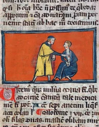 Ein Arzt trägt Salbe auf die Wunde eines Patienten auf, aus einer Ausgabe des Buches der Chirurgie von Rogier de Salerne