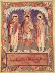 Ms. Lat. 1141, fol. 2v: Die Krönung Karls II. (823-877) mit den Erzbischöfen von Reims und Trier, aus dem Sakramentar von Metz