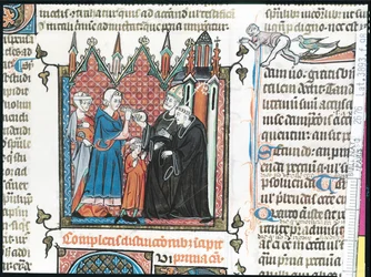 Eltern bieten einem Bischof Geld an, um ihren Sohn ins Kloster aufzunehmen, 1314