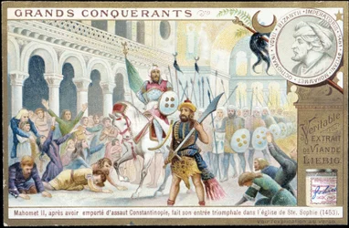 Muhammad II: der triumphale Einzug in die Kirche St. Sophia, Konstantinopel - Chromo. Liebig