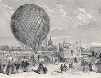Nadars Ballon, Le Géant, wird am Champ de Mars in Paris für seinen ersten Flug am 4. Oktober 1863 vorbereitet, Illustration aus Paris a Travers Les Siecles: Tome 5, 1889