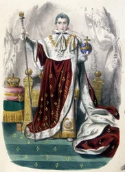 Napoleon I. im Krönungsornat - in „Geschichte Frankreichs in Bildern“, spätes 19. Jahrhundert