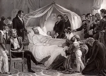 Napoleon I. auf seinem Sterbebett auf St. Helena, 5. Mai 1821, nach einem Gemälde von Charles de Steuben