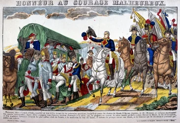 Napoleon I. zieht seinen Hut vor einem Konvoi von Verwundeten und ruft „Ehre dem unglücklichen Mut!“ Bild von Epinal