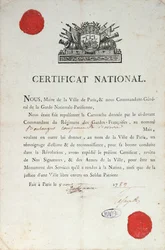 Nationales Leumundszeugnis während der Französischen Revolution, 8. August 1789 in Paris