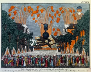 Nationalfeiertag am 14. Juli 1801 auf den Champs Elysees, Paris: Feuerwerk findet anstelle des Sterns auf den Champs Elysees in Paris statt. Druck von 1801 Paris, Musee Carnavalet