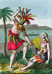 Einheimische Bewohner der Marquesas-Inseln, Illustration aus Histoire des Voyages Autour du Monde von J. Dufay, veröffentlicht von Courvalet & Co., Paris, 1826 (Farbstich)