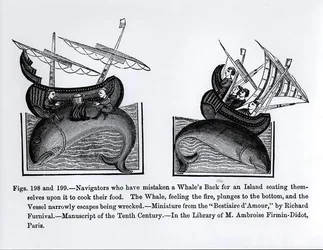 Seefahrer, die einen Walrücken für eine Insel gehalten haben und darauf sitzen, um ihr Essen zu kochen, aus dem Bestiaire d
