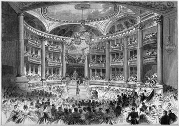 Neoklassische Architektur: Ansicht des Saals des Grand Théâtre de Bordeaux (1773-1780) anlässlich des Balls zu Ehren des Besuchs von Kaiser Napoleon III und Kaiserin Eugénie de Montijo. Bordeaux, Gironde (33)