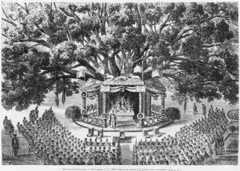 Neukaledonien, Messe auf der Insel Nou, nach einer Federzeichnung eines Transportierten, Illustration aus dem Bulletin Les Missions Catholiques, 1875