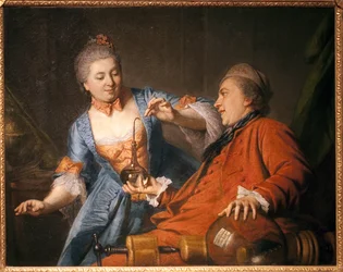 Nicolas Bergeat (1733-1815) und Madame de Maisoncel führen ein physikalisches Experiment durch. Gemälde eines anonymen Remois