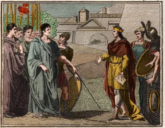 Numa Pompilius, legendärer zweiter König von Rom, gibt den heiligen Schild an die Priester des Mars zurück