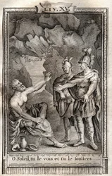 O Sonne, du siehst es und leidest es! Ulysses antwortete mir ohne sich zu bewegen: Jupiter will es... Gravur von 1798 von Monnet in „Les Aventures de Télémaque, fils d
