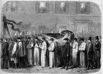 Begräbnis von Jean Baptiste (Giovanni Battista) Niccolini (1782-1861), 21. September 1861: Trauerzug, der die Überreste des italienischen Dichters durch die Straßen von Florenz (Firenze), Italien, trägt. Gravur in „Le Monde Illustré“ Nr. 234 vom 5. Oktober