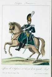 Offizier der Königlichen Garde zu Pferd, aus Troupes Francaises, veröffentlicht bei Basset, Paris, um 1790