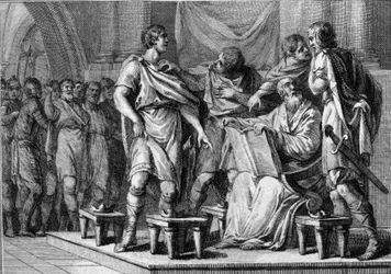 Nach dem Tod von Chlothar I., König der Franken, erhielten seine vier Söhne jeweils einen Teil des Königreichs. Ihre Namen sind Charibert I. (ca. 520-567), Gontran I. (ca. 545-592), Sigebert I. (535-575) und Chilperich I. (ca. 539-584). Gravur