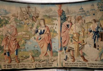 Links, Samothes (oder Samote), der erste König der Gallier, mit einem Zepter in der Hand und einem Alphabet (er soll der Erfinder der Buchstaben sein), unten ein Boot und Landschaften von Gallien, das Mittelmeer, die Rhone und der Ozean, rechts, keltischer
