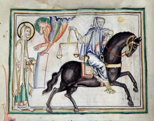 Öffnung des dritten Siegels: Ein Ritter auf einem schwarzen Pferd hält eine Waage, die Not und Hungersnot symbolisiert. Miniatur aus der „Apokalypse von Cambrai“, illuminiert von der französischen Schule des 13. Jahrhunderts. Ms. 422. Stadtbibliothek