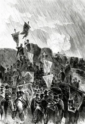 Pazifistische Demonstration der Freimaurer auf den Befestigungsanlagen am 28. April 1870 mit der Forderung nach Einstellung der Bombardierung von Paris, aus „Le Monde Illustré“, 5. Mai 1870