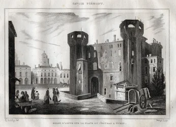 Palast von Aosta auf der Place du Chateau in Turin - Gravur aus „Italien malerisch“ - Historische und beschreibende Malerei von Italien“ von M. de Norvins, Ch. Nodier 1834-1836