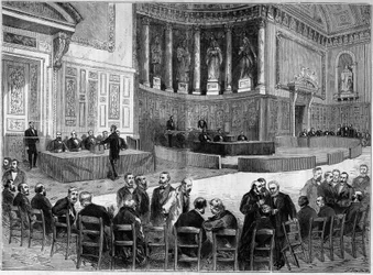 Palais du Luxembourg in Paris: Wahl vom 30. Januar zur Wahl der Senatoren des Departements Seine. Stehend, der Stuhl in einer Hand, wird Victor Hugo (1802-1885), Politiker, erkannt. Gravur in „L