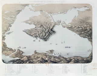 Panoramaansicht und Plan von Sewastopol und der Schwarzmeerküste zur Zeit des Krimkriegs, 1855
