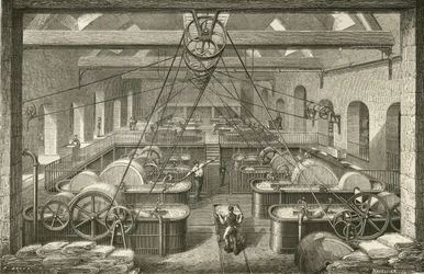 Papierherstellung: Bleichen von Lumpenbrei. Gravur ca. 1870.