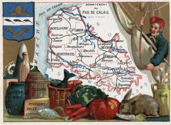 Pas de Calais (62), Nord-Pas-de-Calais, Frankreich. Lokale Spezialitäten: schwarze Seife, schmutziger Fisch, Cidre und Tabak. Serie über die französischen Departements. Chromolithographie "Der geografische Faden", ca. 1920. Private Sammlung