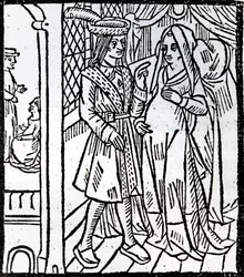 Pathelin und Guillemette, aus Die Farce von Meister Pierre Pathelin, ca. 1465