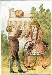 Paul spielt Ball und Louise spielt Reifen - im „Alphabet des petits savants“, Ende des 19. Jahrhunderts (Chromolithographie)