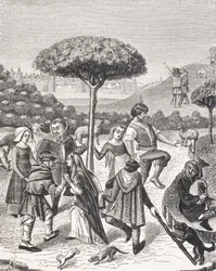 Bauerntänze der Maifeste, nach einer Miniatur in einem Gebetbuch aus dem 15. Jahrhundert, aus 