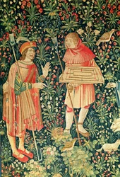 Bauer trägt ein Jeu de Marelle-Brett, aus Jeu de Marelle et Cueillette de Fruits, Loire-Werkstatt, 1510