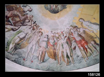 Menschen vom Hof der Medici, mit Karl IX. als Janus in der Mitte, zu seiner Rechten Katholiken, die Waffen für den Krieg schmieden, zu seiner Linken die Protestanten, auch Katharina de Medici als Juno und Diane