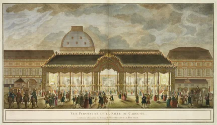 Perspektivische Ansicht des Karussellsaals, konstruiert anlässlich der Hochzeit von Monseigneur Le Dauphin, graviert von Oubrier