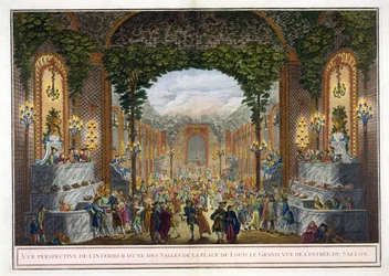 Perspektivische Ansicht des Inneren eines der Räume des Place de Louis le Grand, Ansicht des Eingangs zum Salon