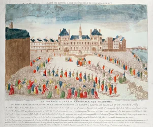 Perspektivische Ansicht der Ankunft von Ludwig XVI. (1754-93) im Hotel de Ville, 17. Juli 1789