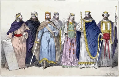 Pharamond, Clodion, Merovee, Childeric, Clotilde, Clovis I. und Childebert I. - in La monarchie française en estampes