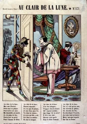 Pierrot, Harlekin und der Nachbar, Illustration des Liedes „Au clair de la lune“, Bild von Epinal