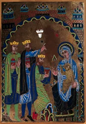 Tafel des Hauptaltars der Abtei Grandmont: Anbetung der Heiligen Drei Könige. Vergoldetes und ziseliertes Email auf Kupfer. 1275-1300. Aus Limoges. Paris, Nationalmuseum des Mittelalters, Thermes de Cluny
