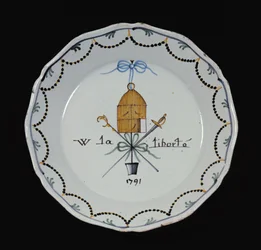 Teller mit offenem Vogelkäfig und der Legende Vive la Liberte, 1791
