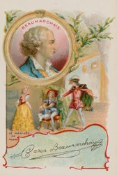 Dramatiker Pierre-Augustin Caron de Beaumarchais mit einer Szene aus der Hochzeit des Figaro