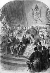 Plebiszit von 1870: Präsentation der offiziellen Erklärung der Ergebnisse an Napoleon III. (1808-1883). Anwesend sind auch die Kaiserin Eugenie de Montijo (1826-1920), ihr Sohn Prinz Imperial (1856-1879), die Prinzessinnen Mathilde Bonaparte (1820-1904) un