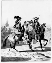 Polizeikräfte im 17. Jahrhundert: Links der Bogenschütze des Provost Marshal der Île de France und rechts der Bogenschütze des Leutnants
