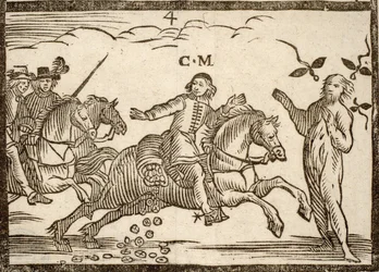 Politische Pamphlete Mazarinade: Mazarin lässt auf seiner Flucht Écus fallen: der Schatten von Concini, Marschall von Ancre, steht vor ihm. Holzschnitt 1651
