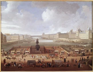 Pont Neuf, Paris, vom Zugang zur Place Dauphine aus gesehen, mit dem Collège des Quatre-Nations, dem Quai Malaquais und dem Louvre